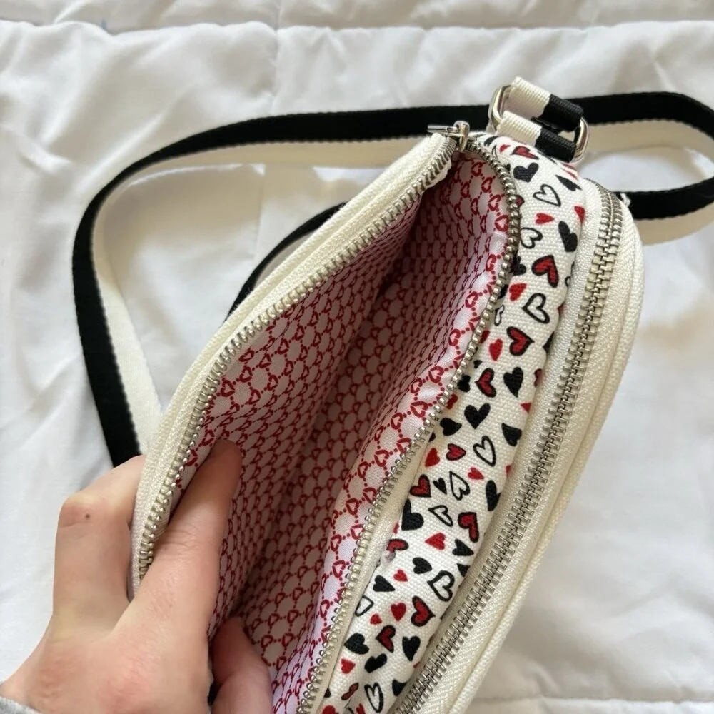 Brighton Love Scroll Canvas‎ Crossbody Bag Purse White Red Black Hearts
